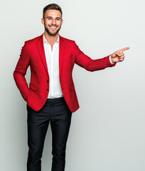 A professional man wearing a red blazer and white shirt, smiling confidently, pointing with her right hand outward to the side as if indicating a message or text.