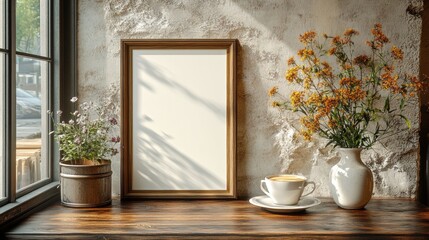 Cozy Cafe Window Sill Still Life: Blank Frame, Flowers, Coffee