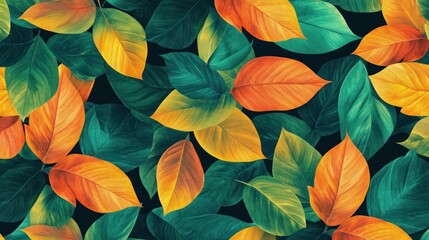 Vibrant autumn leaves in teal, orange, and yellow hues on a dark background.