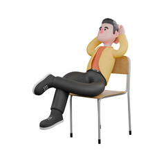 Designer Skills Set Characters 3D Model. A male designer sits with his left leg crossed, and both hands are behind his head, relaxed expression. Cartoon Style