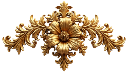 Golden baroque floral ornament isolated on transparent background. Cut out or PNG.