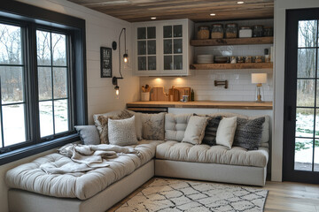 Cozy corner with sectional sofa, kitchen, and large windows in modern farmhouse.