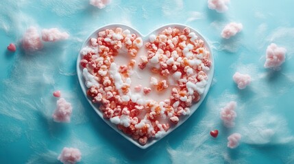 Fototapeta premium Colorful heart-shaped dessert arrangement with popcorn and cotton candy for celebration