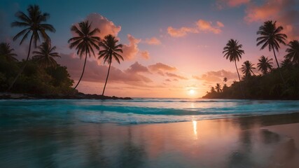 Obraz premium Sunset Beach Wallpaper with Palm Trees, Ocean Waves, and Colorful Sky. Serena Summer Beach Computer Background