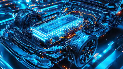 An electric car lithium battery pack is illustrated with power connections, showcasing the core of modern automotive technology in a vibrant blue tone