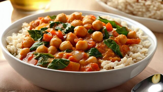 A flavorful bowl of chickpea curry served with rice, garnished with fresh spinach and tomatoes. This vibrant dish highlights a hearty, plant-based meal with a rich, spiced tomato sauce