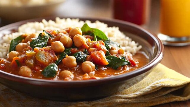 A flavorful bowl of chickpea curry served with rice, garnished with fresh spinach and tomatoes. This vibrant dish highlights a hearty, plant-based meal with a rich, spiced tomato sauce