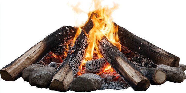 A campfire with logs and rocks burning with bright flames on a white background.