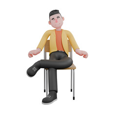 Full Designer Workflow Characters 3D Model. A male designer sits with his left leg crossed and both hands beside his waist while his eyes are closed. Cartoon Style