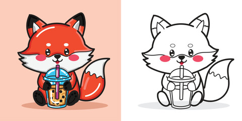 Cute cartoon fox drinks Boba Tea good for Design Element or Coloring Book Character
