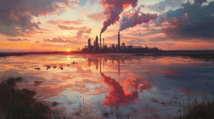 Chemical Plant at Sunset Industrial Landscape Reflection in Water Vibrant Colors Serene Environment Nature's Contrast