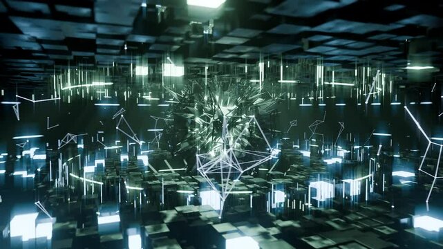 A geometric luminous sphere surrounded by platforms and lights in an abstract technological environment. Video loop seamless synchronized at 120 bmp