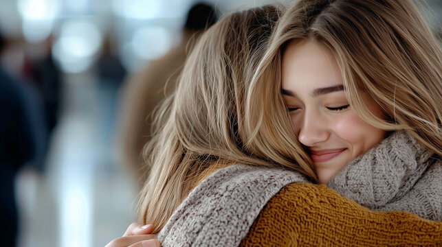 Warm Reunion Hug Between Friends at Airport