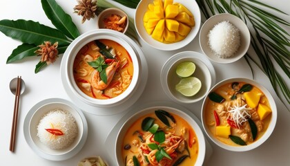 Traditional Thai Dinner Spread Featuring Shrimp, Curry, Rice, Mango, and Fresh Herbs on Table