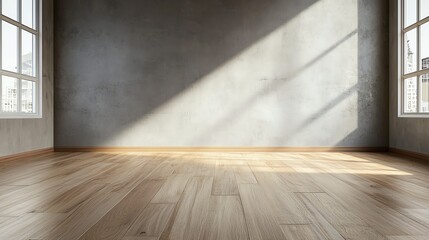 Spacious empty room with natural light pouring through large windows, wooden floor and concrete wall.