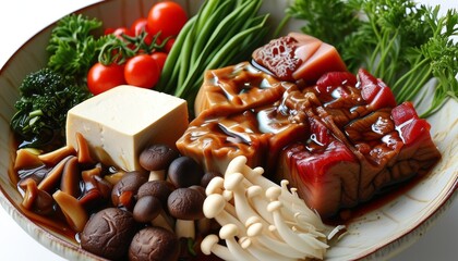 Freshly Prepared Sukiyaki Ingredients in a Bowl with Colorful Vegetables and Tofu