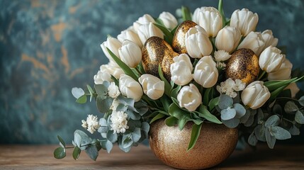 Easter bouquet of white tulips, gold eggs, and eucalyptus in a gold vase.