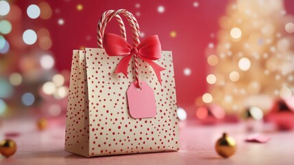 Fototapeta premium Festive gift bag with red bow holiday celebration photography cozy atmosphere close-up view joyful giving