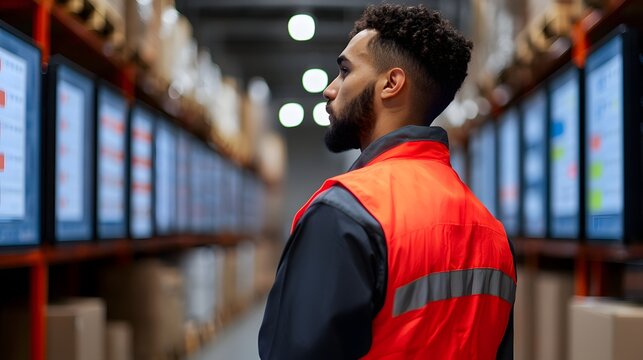 Focused Worker Engages with Digital Order Progress Displays in a Modern Warehouse Setting. Logistics Communication and Order processing Concept