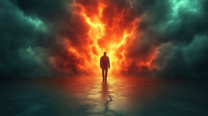 Obraz premium Solitary Figure Walks Towards Fiery Sky Portal
