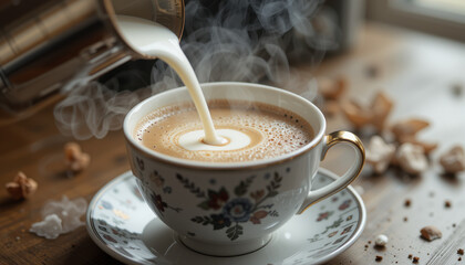 A steaming cup of coffee with milk being poured.