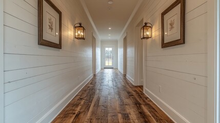 Long hallway with wood flooring, white walls, and wall sconces.
