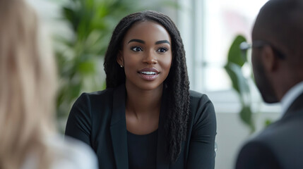 Fototapeta premium Black female financial advisor talks to couple during meeting in office