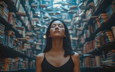 Woman surrounded by books, eyes closed, serene.