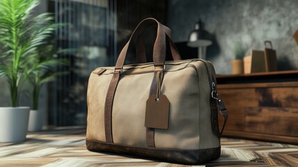 Stylish travel bag modern home product photography cozy environment close-up travel essentials