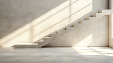 Minimalist concrete staircase with sunlight streaming through, casting geometric shadows on a modern interior wall.