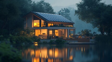 Fototapeta premium Modern eco-friendly house with solar panels, illuminated at night, reflecting on a calm lake.