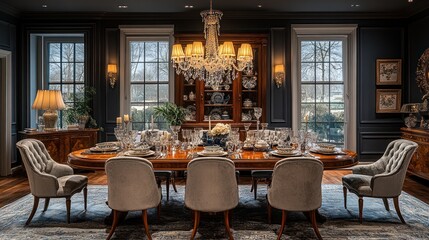 Elegant dining room with large wooden table, crystal chandelier, and plush chairs.