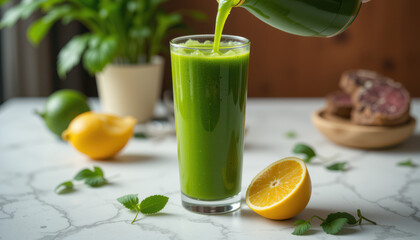 Fototapeta premium A refreshing green smoothie being poured into a tall glass.