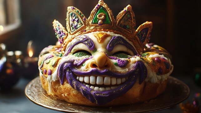 King cake decorated as a smiling face with a gold crown.