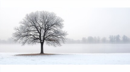 Fototapeta premium Solitary frost-covered tree in snowy field, foggy background.