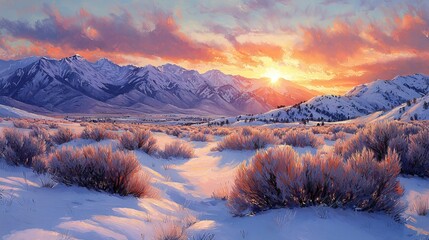 Winter Sunset Over Snowy Mountain Landscape