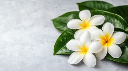 Naklejka premium Serene Plumeria Blooms on Lush Greenery