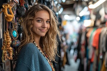 Obraz premium A woman is shopping for key accessories to elevate her everyday outfits. She’s looking forward