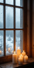 Naklejka premium Cozy winter scene with candles by a frosted window.
