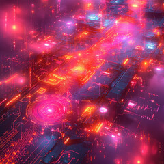 Futuristic cyberpunk cityscape with glowing neon lights.