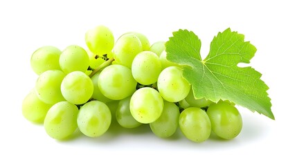 Green grapes, cluster, fresh fruit, vine leaf, bright lighting, white background, photorealistic, high detail, macro photography, food photography, vibrant colors, glossy surface, natural organic