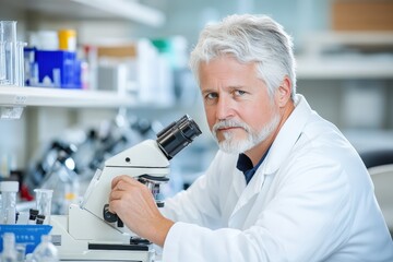 Focused Research: A seasoned scientist examines samples through a microscope, his intense gaze reflecting dedication and pursuit of knowledge in a modern laboratory setting.