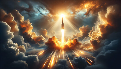 Universe A rocket launching into a bright sky with golden sunlight piercing through swirling clouds, flames and smoke dramatically trailing from the engines