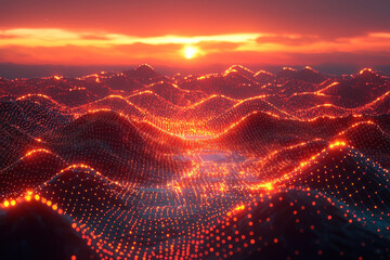 Glowing particle landscape at sunset.