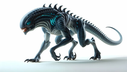 Universe A quadrupedal alien with a scaled body, sharp teeth, and glowing blue veins, walking calmly on a whi4