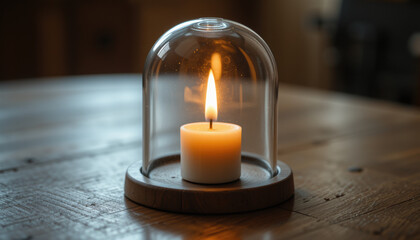 A candle under a glass dome on a wooden table, creating ambiance.