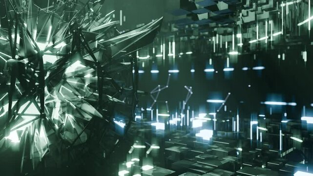 A geometric luminous sphere surrounded by platforms and lights in an abstract technological environment. Video loop seamless synchronized at 120 bmp