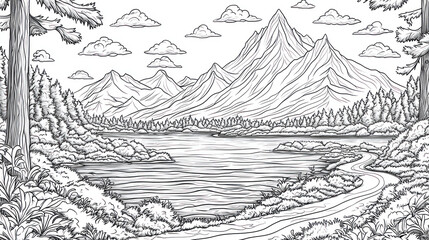 Serene mountain lake landscape with a winding path in a tranquil forest setting.