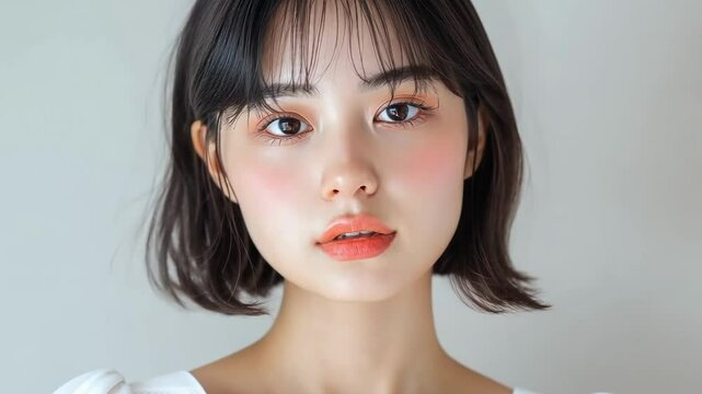 Young Asian woman with clean, fresh skin and short hair bobtail style, embodying beauty and cosmetic care concepts.