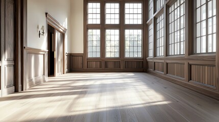 Obraz premium Sunlit empty room with large windows, showcasing elegant wood panels and soft shadows on the floor.